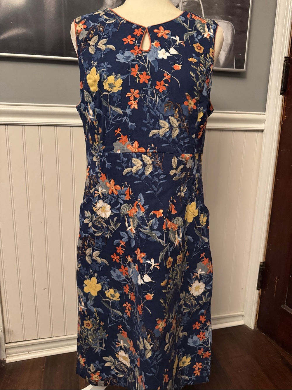 Chadwick’s of Boston Floral Dress Size 12 Sleeveless Navy Blue Botanical Midi